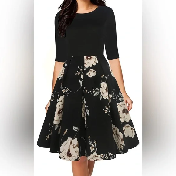 Oxiuly Fashion Dresses | Nwt Women's Vintage Half Sleeve O-Neck Contrast Casual Pockets Party Swing Dress | Color: Black | Size: XL | Gwenroediger's